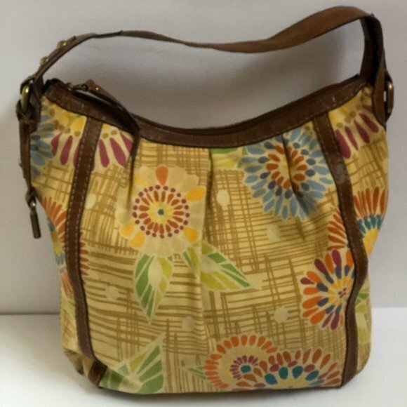 Fossil Handbag Purse Satchel Printed yellow Canvas - Picture 1 of 8
